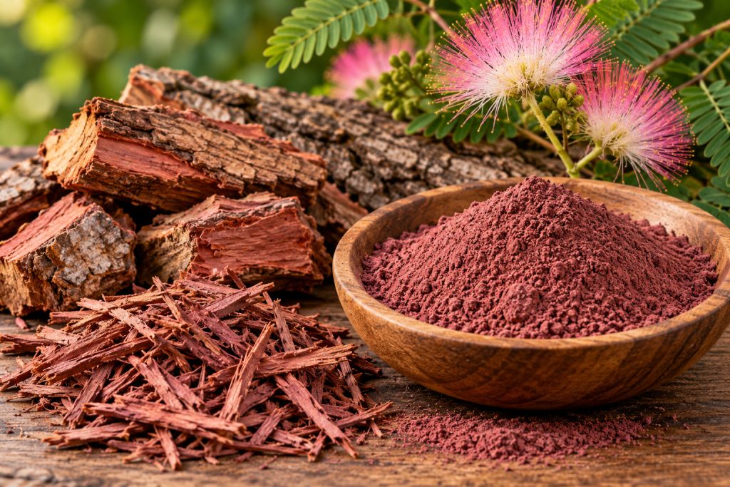 Finely milled Mimosa Tenuiflora root bark powder in a wooden bowl beside shredded bark and natural bark chunks