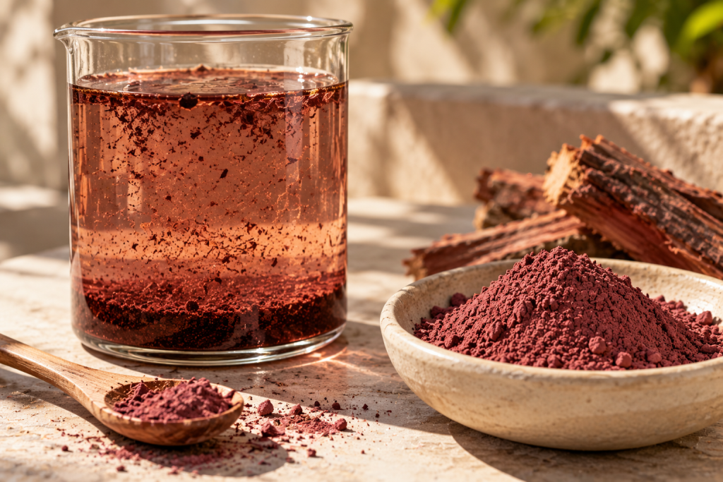 Mimosa Hostilis root bark powder dispersed in water with visible sediment beside a bowl of botanical powder