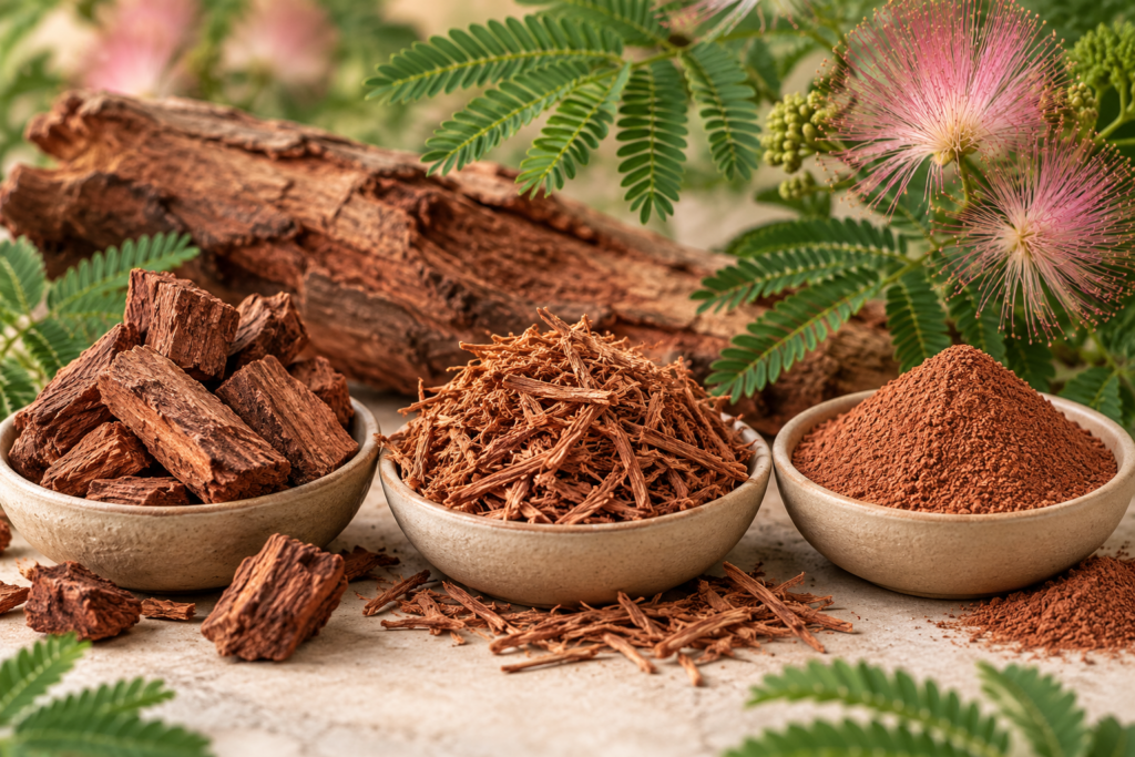 Mimosa root bark in chunks, shredded strands, and fine powder displayed in three bowls with botanical foliage