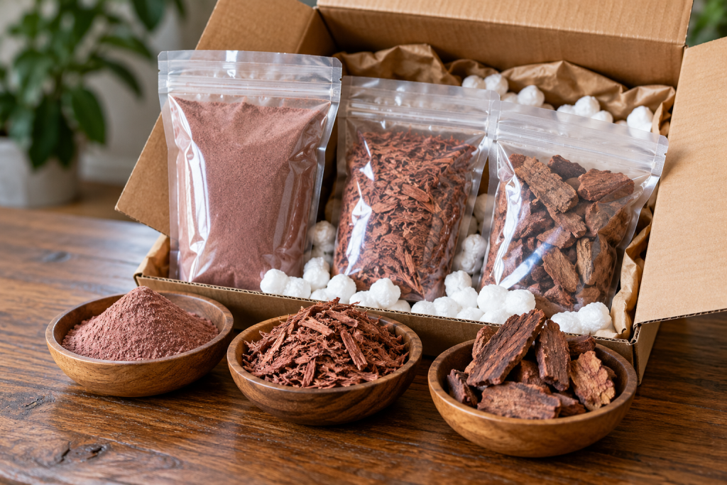 Mimosa Tenuiflora Root Bark packaging for powder, shredded bark, and chunks in a shipping box.