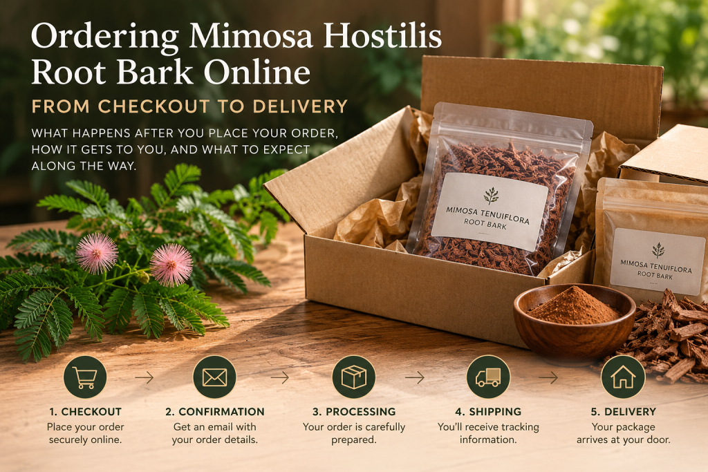 Illustrated ordering and delivery process for Mimosa Hostilis root bark, from checkout and confirmation through shipping and delivery