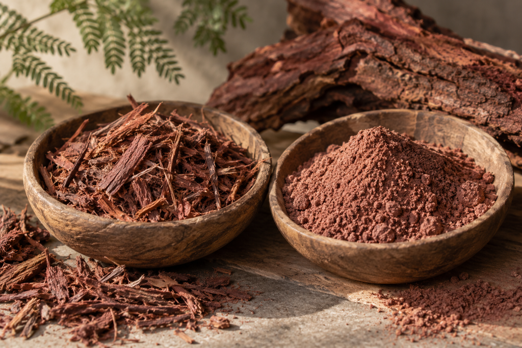 Mimosa hostilis shredded root bark beside finely milled root bark powder in rustic bowls